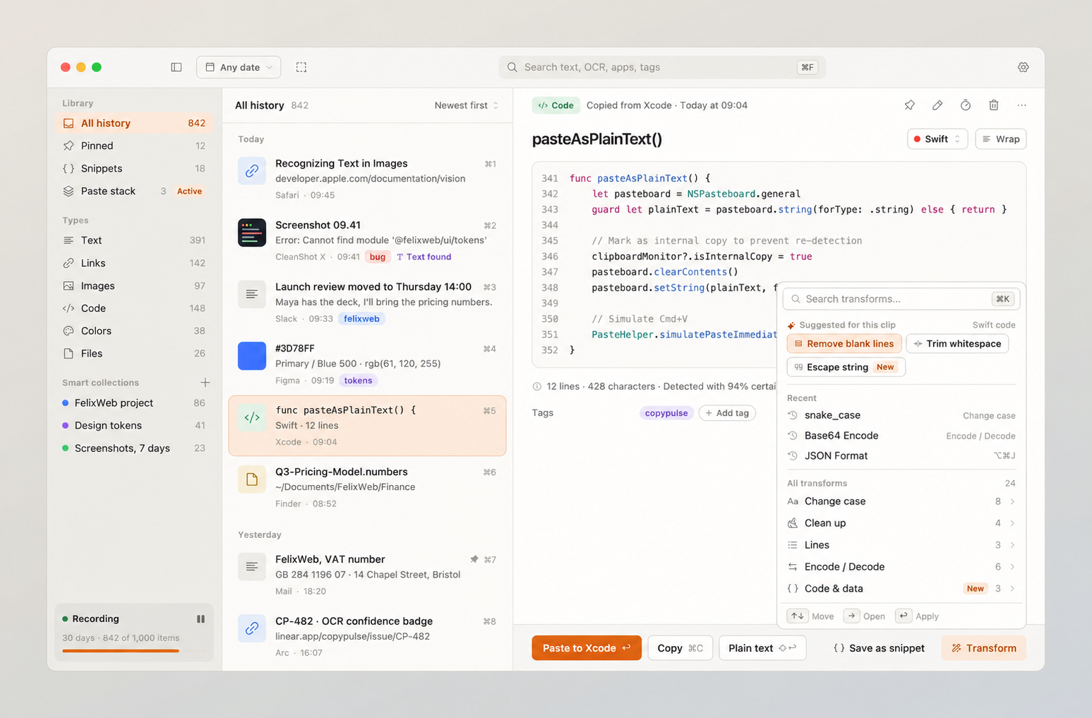 CopyPulse code preview with a transform menu offering suggestions, recent actions and five groups of transforms