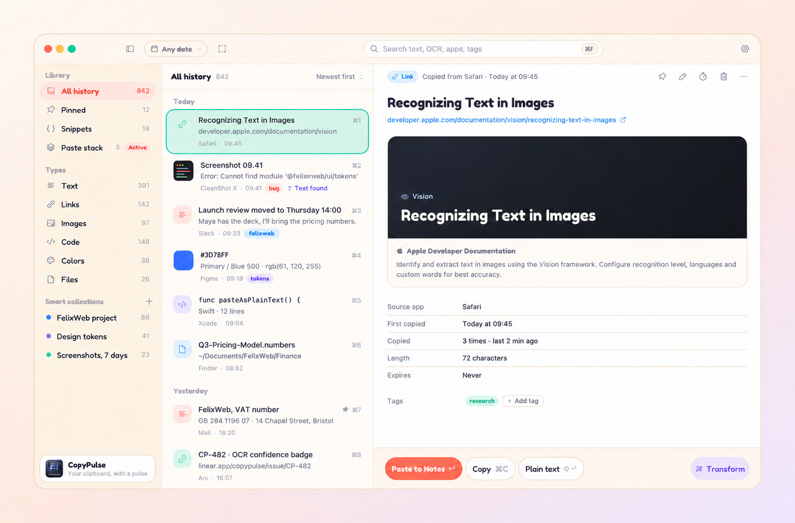 CopyPulse playful clipboard history in light mode, with clips organized by type and a link preview
