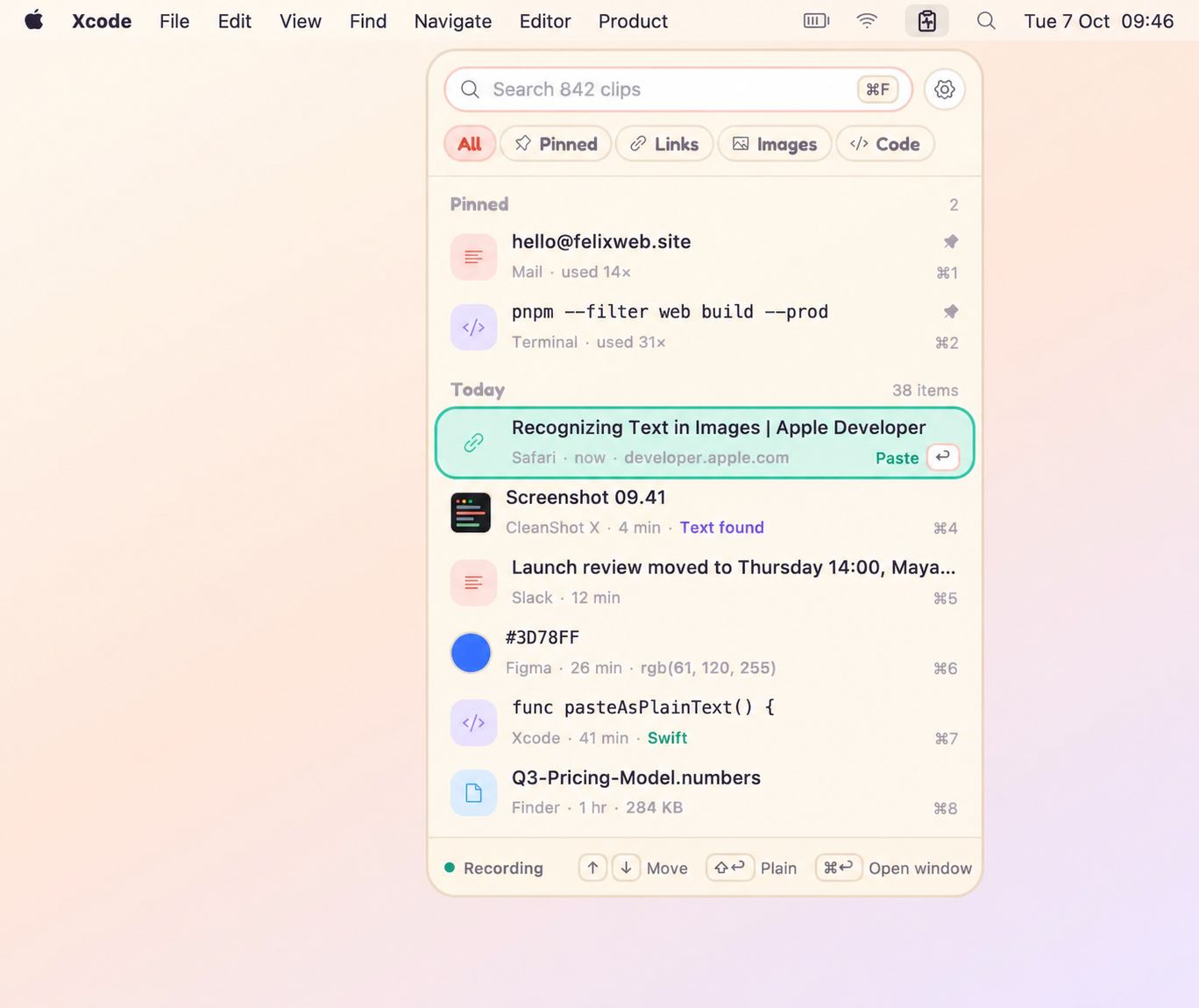 CopyPulse menu bar popover showing search, pinned clips and recent links, screenshots, code and colors