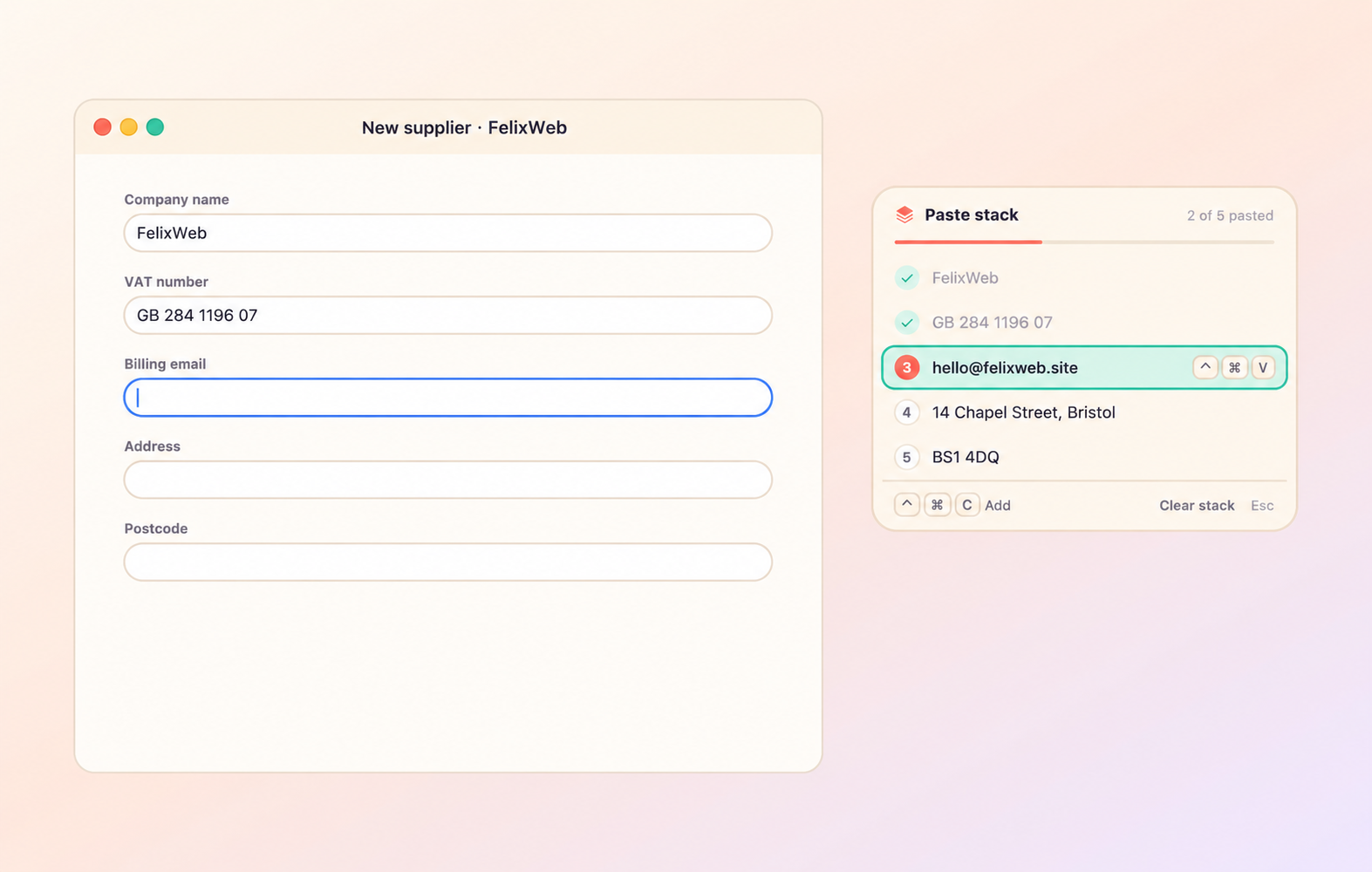 CopyPulse paste stack beside a supplier form, with two items pasted and the billing email next in the queue