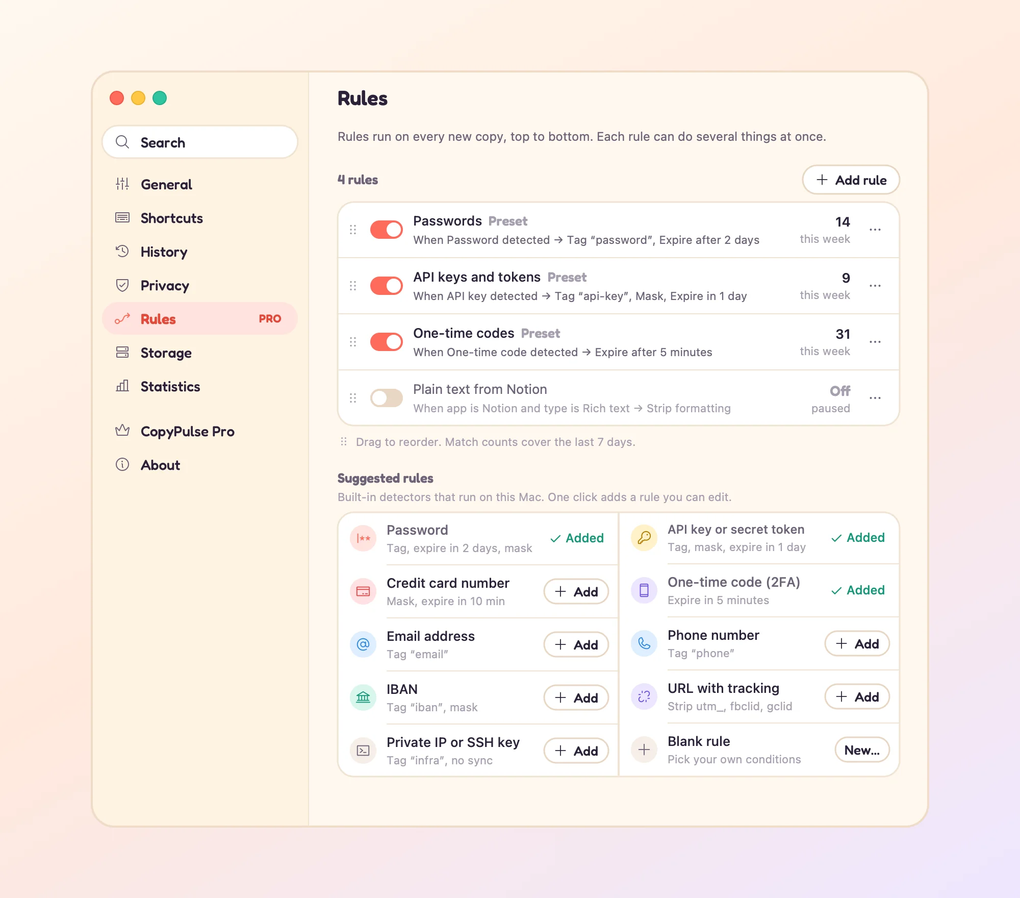 CopyPulse rules settings with password, API key and one-time code presets, plus suggested rules for sensitive content
