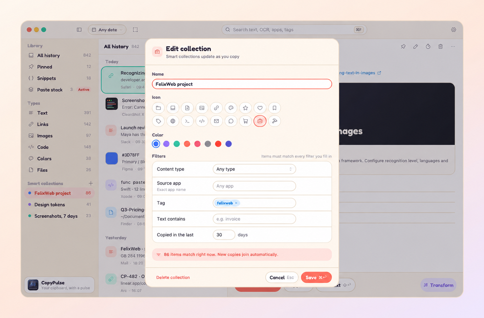 CopyPulse smart collection editor with filters for content type, source app, tag, text and days copied