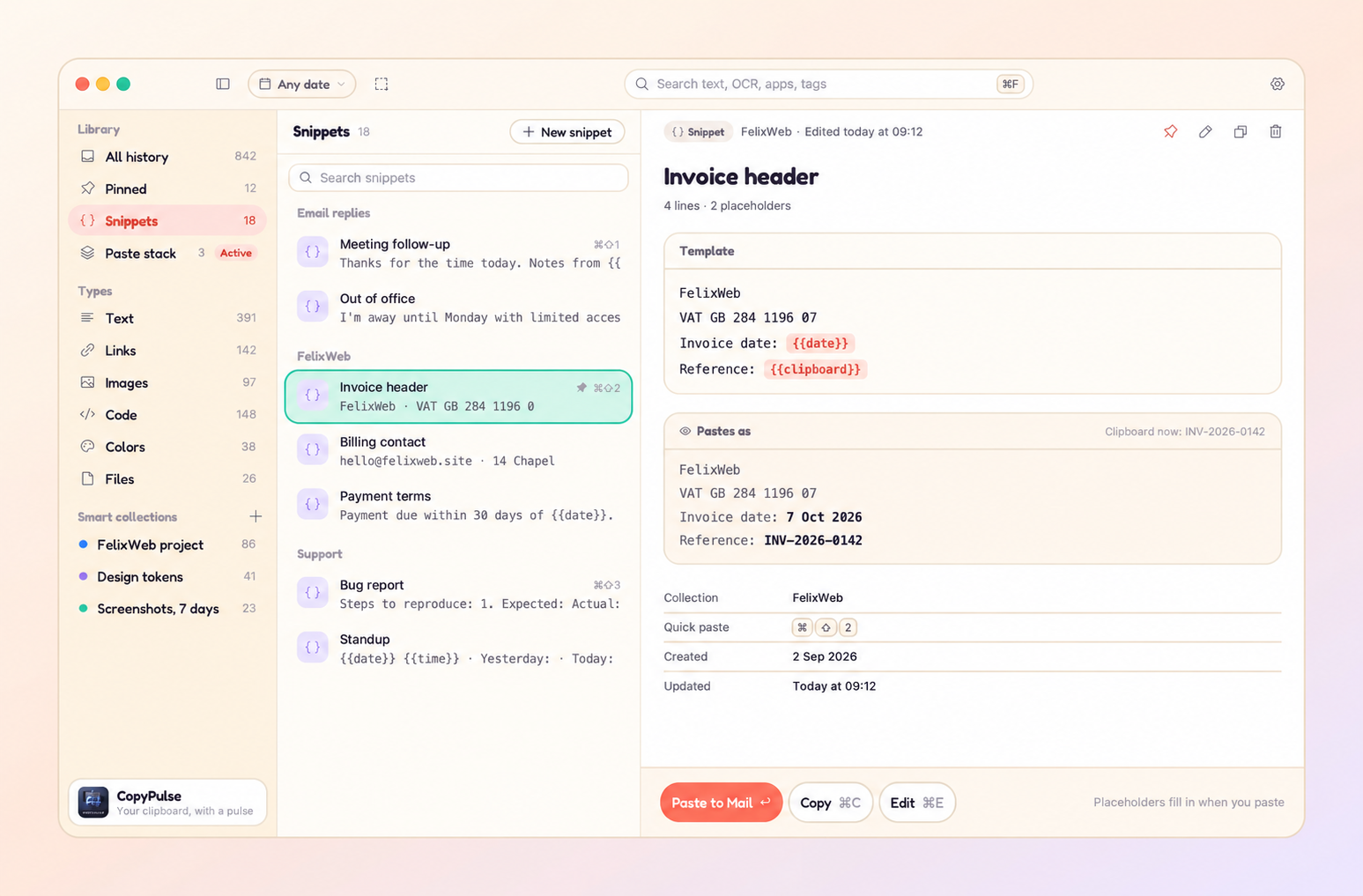 CopyPulse snippets library with an invoice template and a preview of its filled date and clipboard placeholders