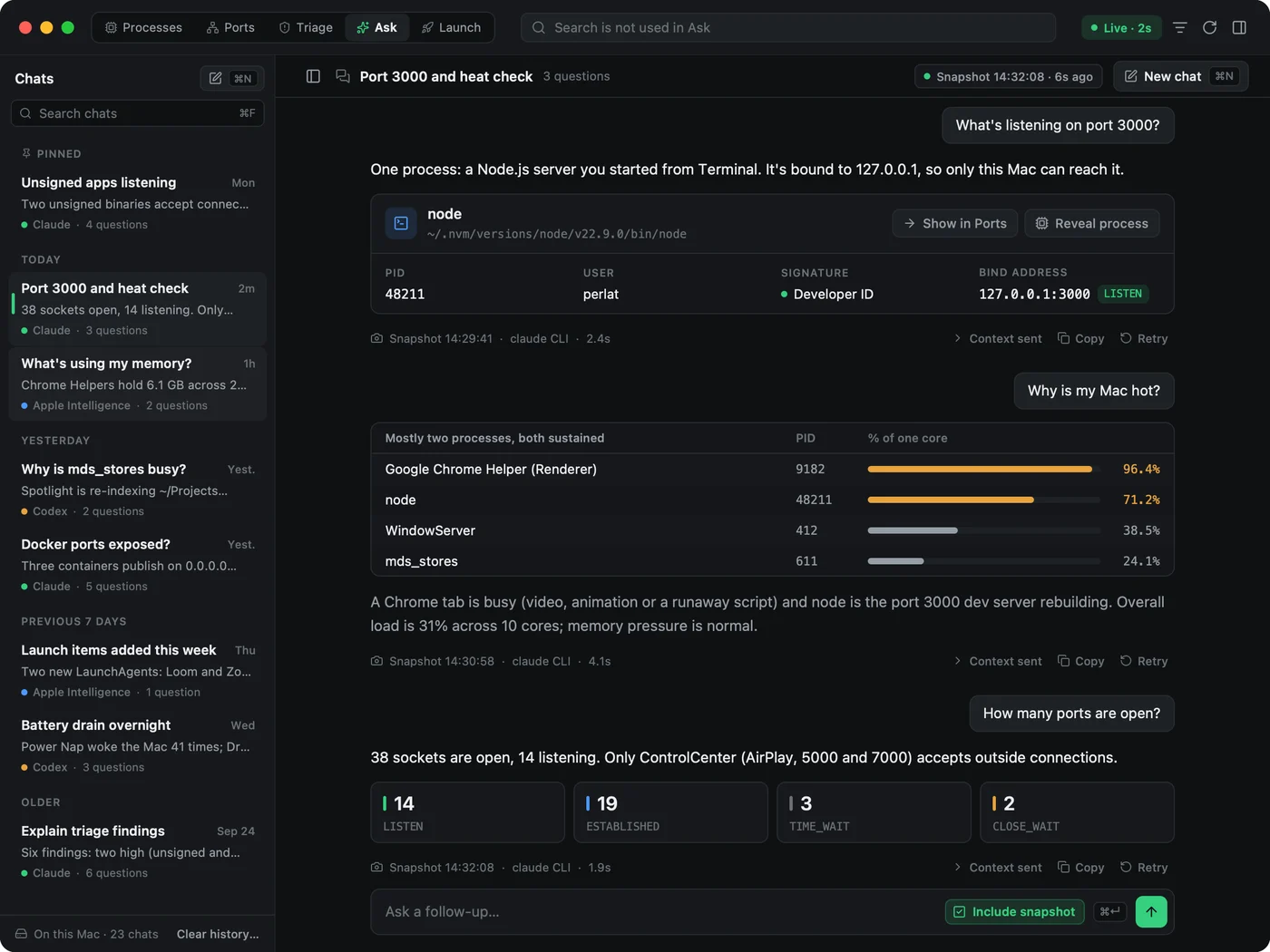 HyperMonitor's Ask tab answering what is listening on port 3000, why the Mac is hot and how many ports are open