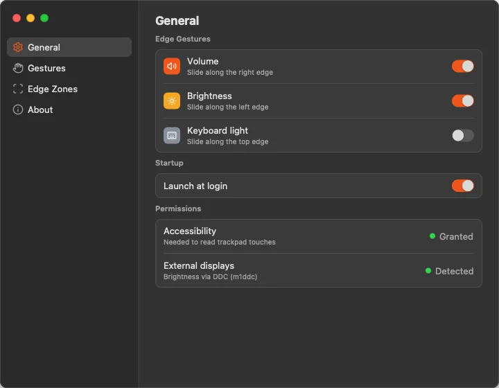 Haptiker's General settings window with toggles for volume, brightness and keyboard light gestures