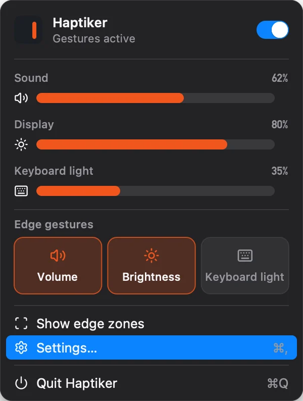 Haptiker's menu bar dropdown with live sound, display and keyboard light levels