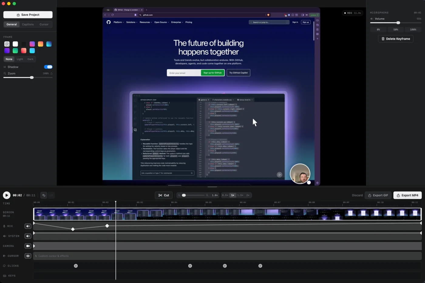 PulseShot's recording studio with a timeline of screen, mic, cursor and click lanes