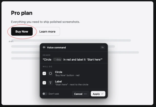 PulseShot's Voice Commander listing a circle and a label to add before they apply