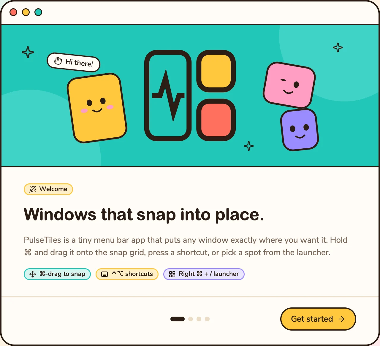 The PulseTiles welcome tour: smiling tiles and the headline Windows that snap into place